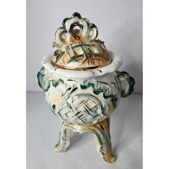VINTAGE Ornate 3D Roses Figural Three Leg Portrury Dish Vase Victorian Porcelain - Picture 1 of 9